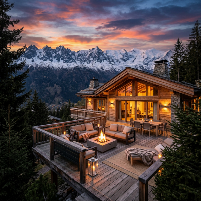 Mountain chalet at sunset